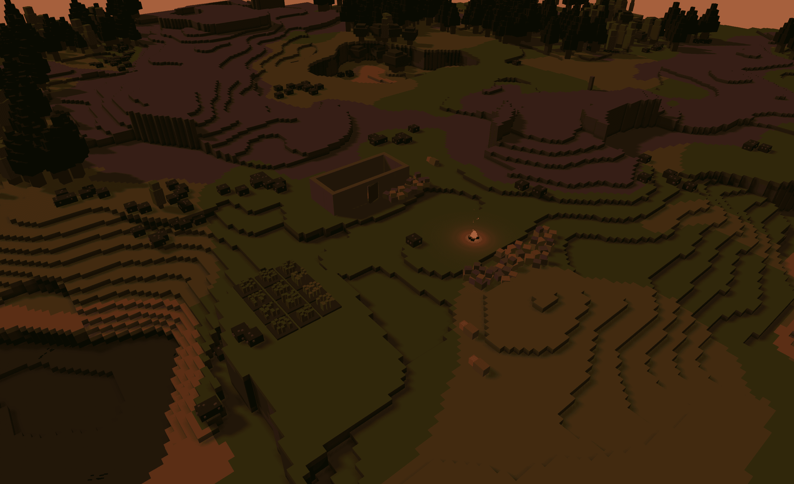 Outpost — a voxel frontier of forests, rock, and farmland with a colony's campfire at its heart